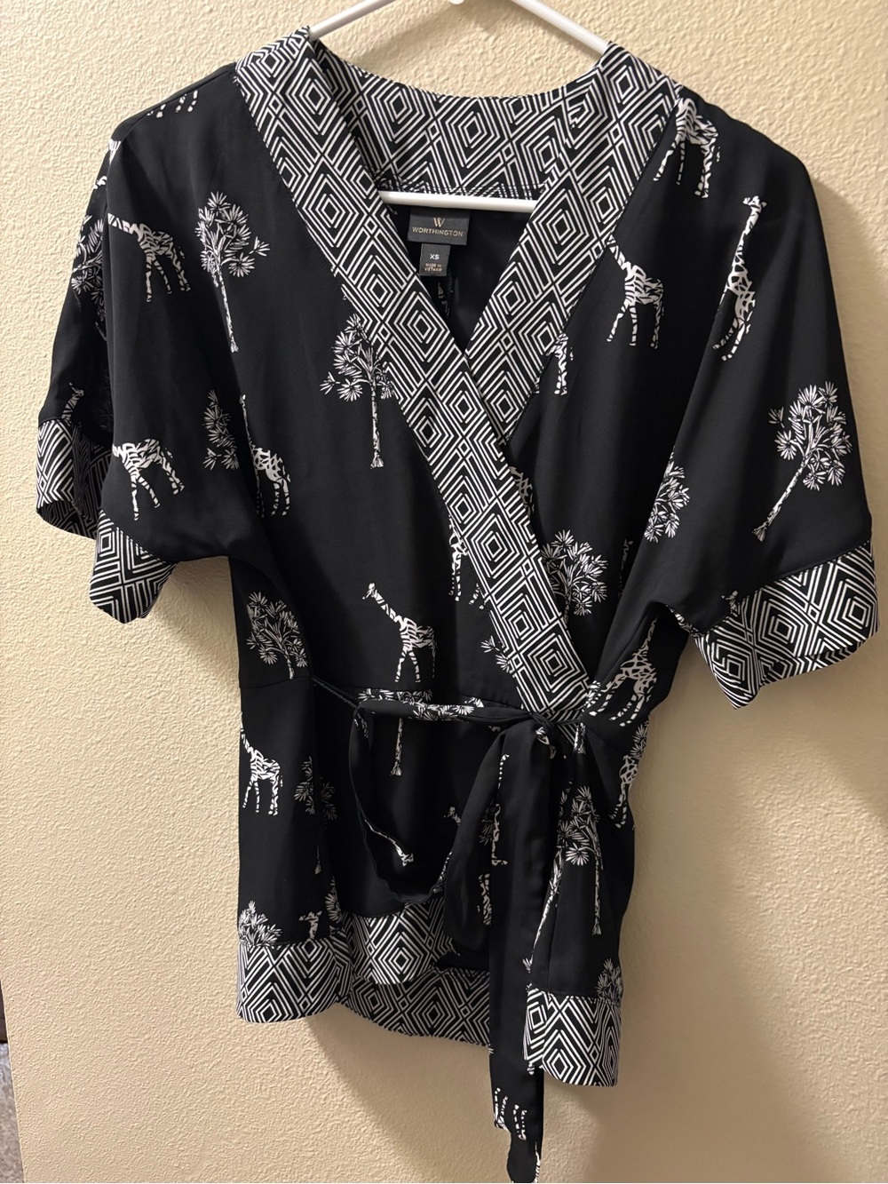 Worthington Black Wrap Tunic with White Giraffe & Geo Trim
